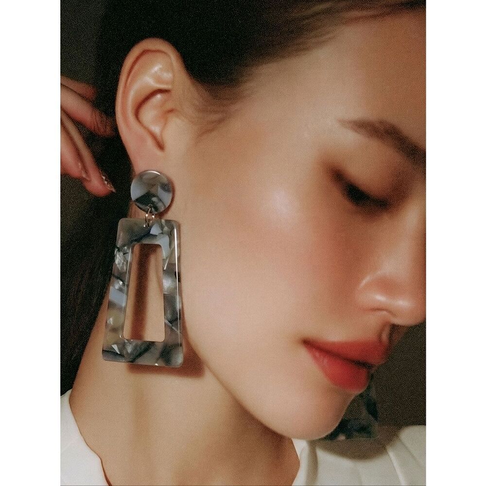 Gray Marble Earrings Geometric Acrylic Dangle Smokey Monochrome Edgy Statement